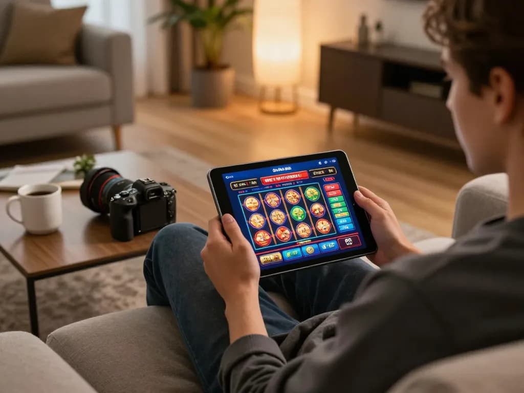 Catching action in a casino non aams con neteller on a tablet during home gaming session.