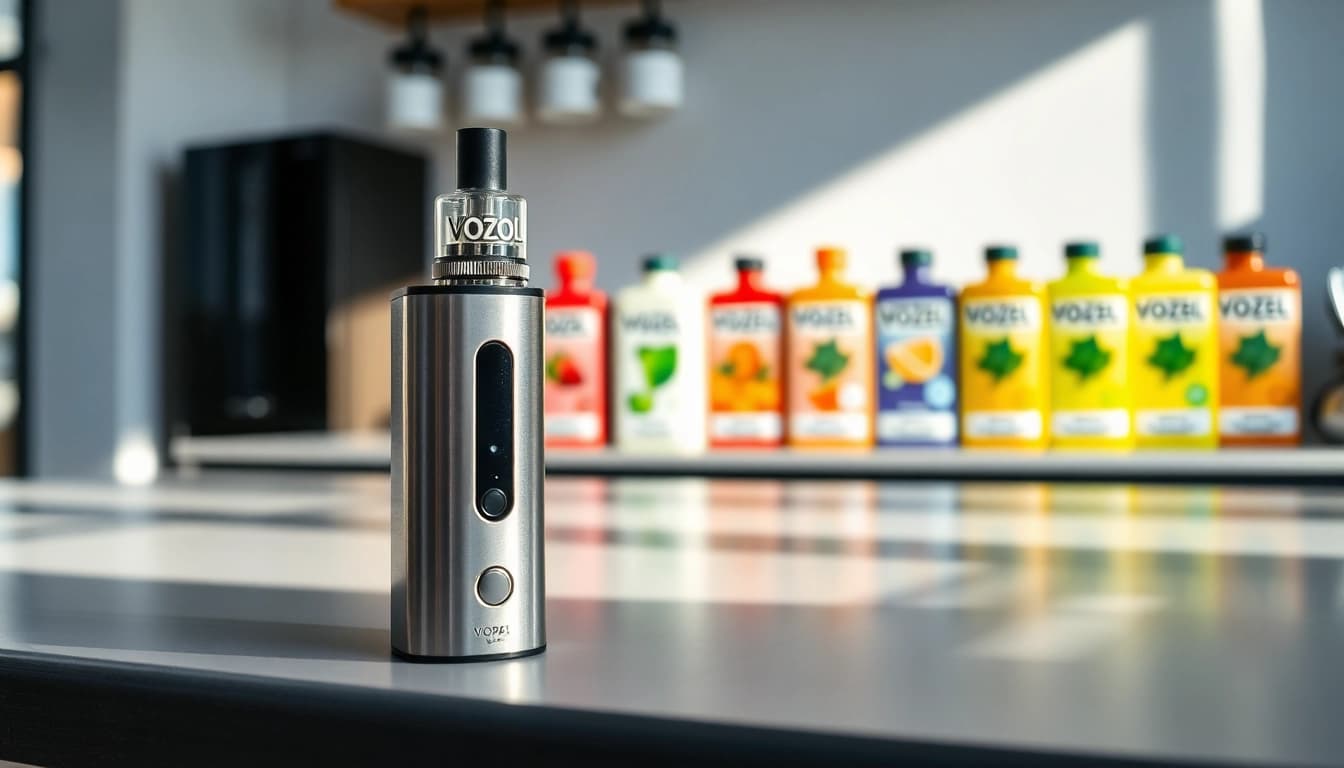 Vozol Vista Plug auf einem eleganten Tisch mit einer Auswahl an lebendigen Geschmacksrichtungen.
