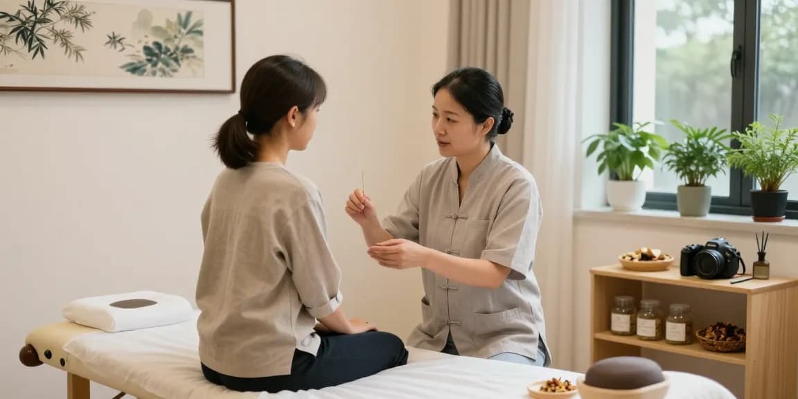 Healing session at 수원한의원 with acupuncture and herbal remedies in a serene environment.