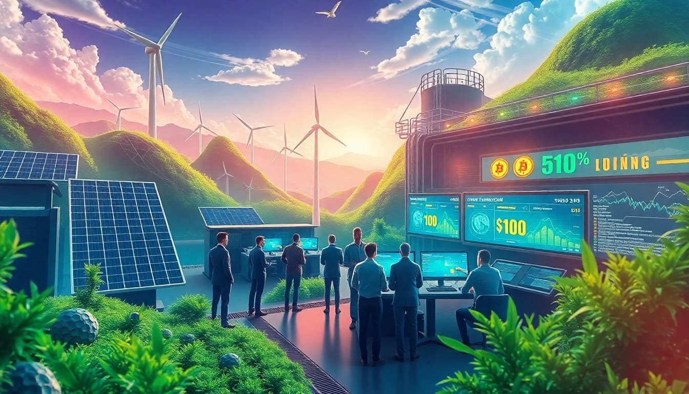 Innovative scene showcasing dogecoin cloud mining profit with AI optimization in a renewable energy facility.