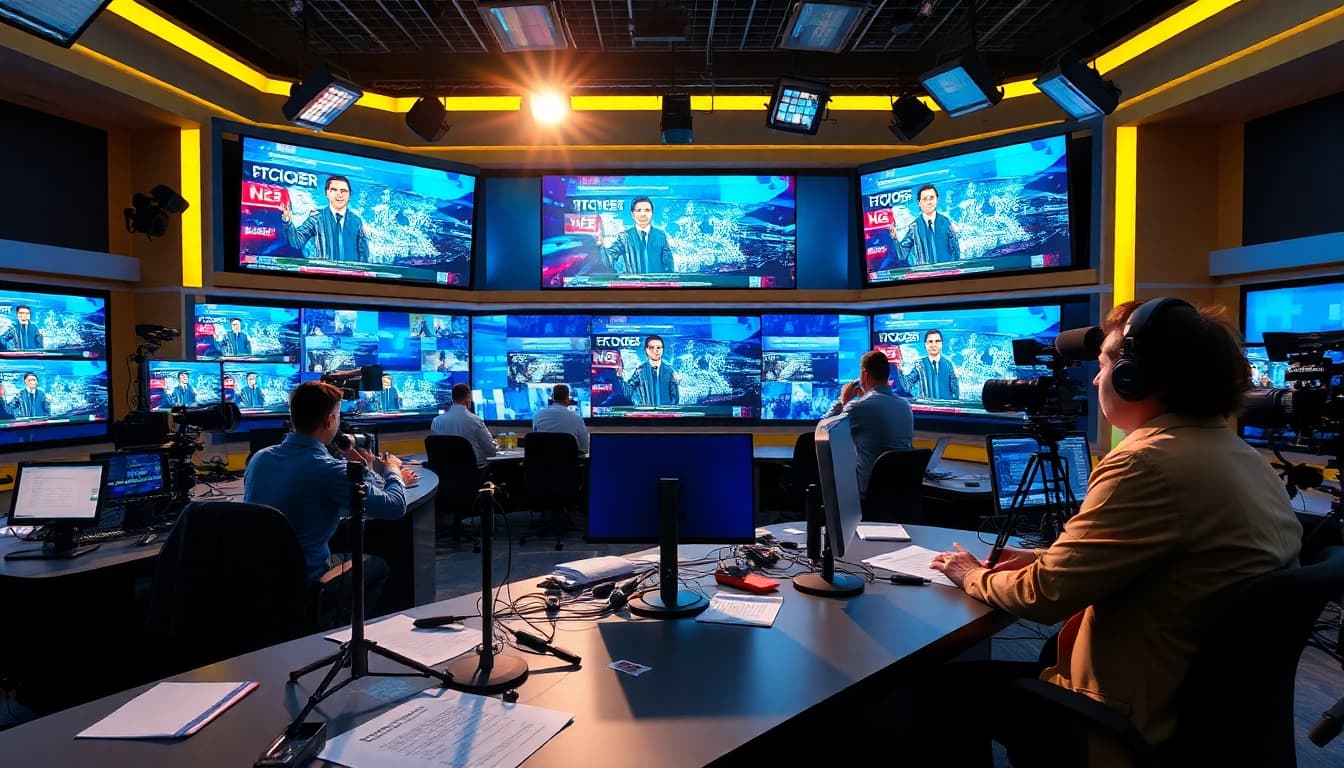 Spotlight on news in a vibrant newsroom showcasing journalists at work.