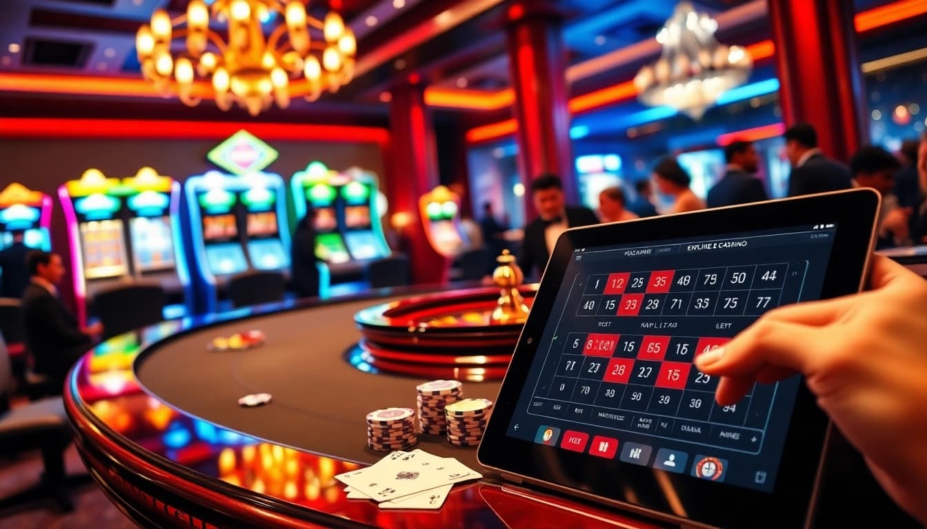 Scène de table engageante dans un casino en ligne France fiable avec des jetons de poker, des cartes, et une roulette.