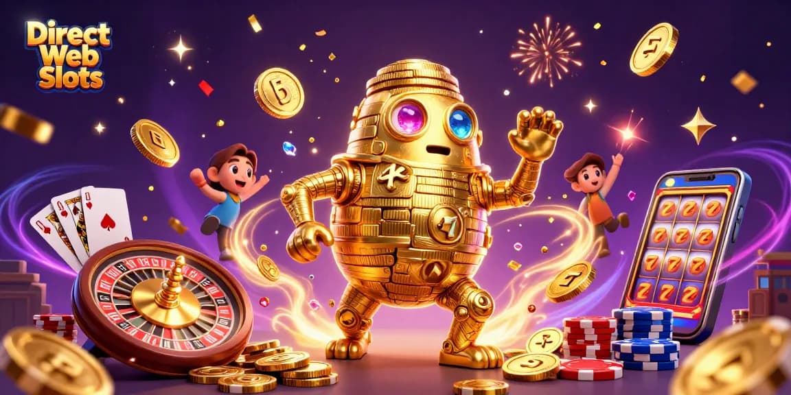 Experience the thrill of Direct Web Slots with animated golden golem and vibrant casino elements.