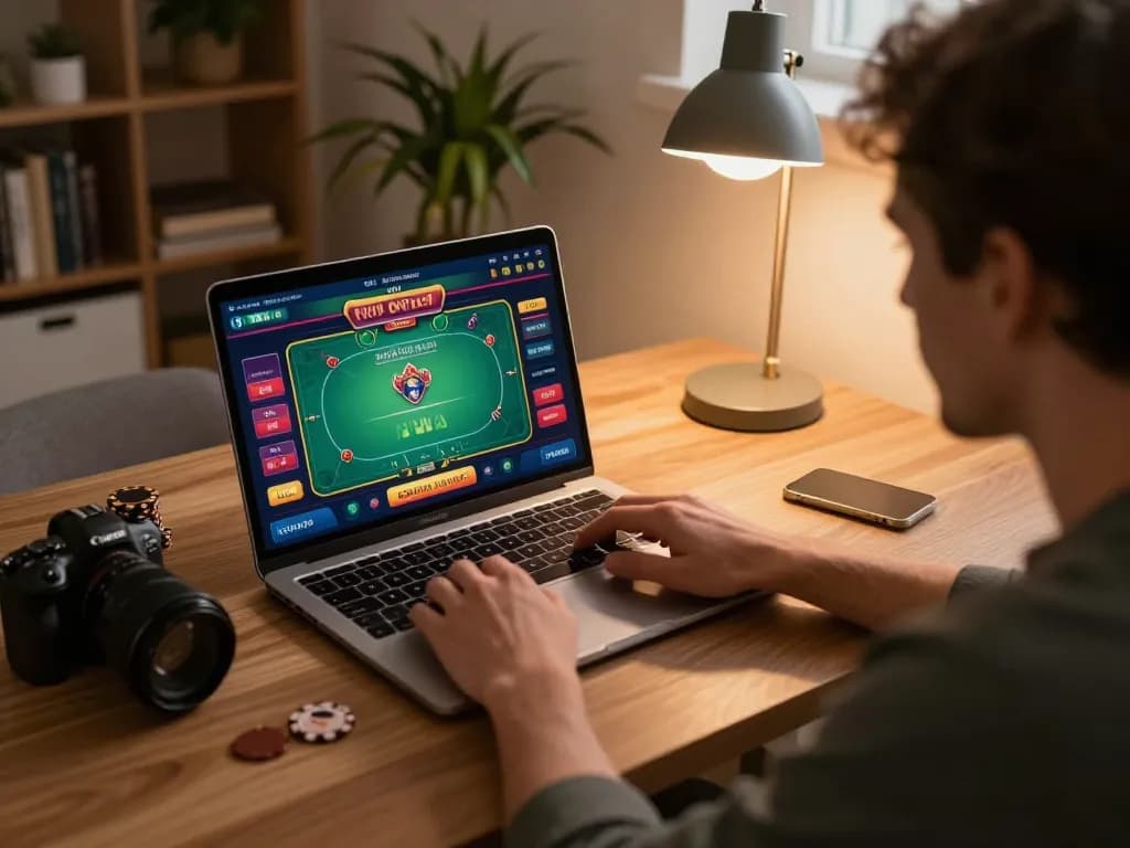 Player engaging in online casino non aams europei on a laptop in a cozy home setting.