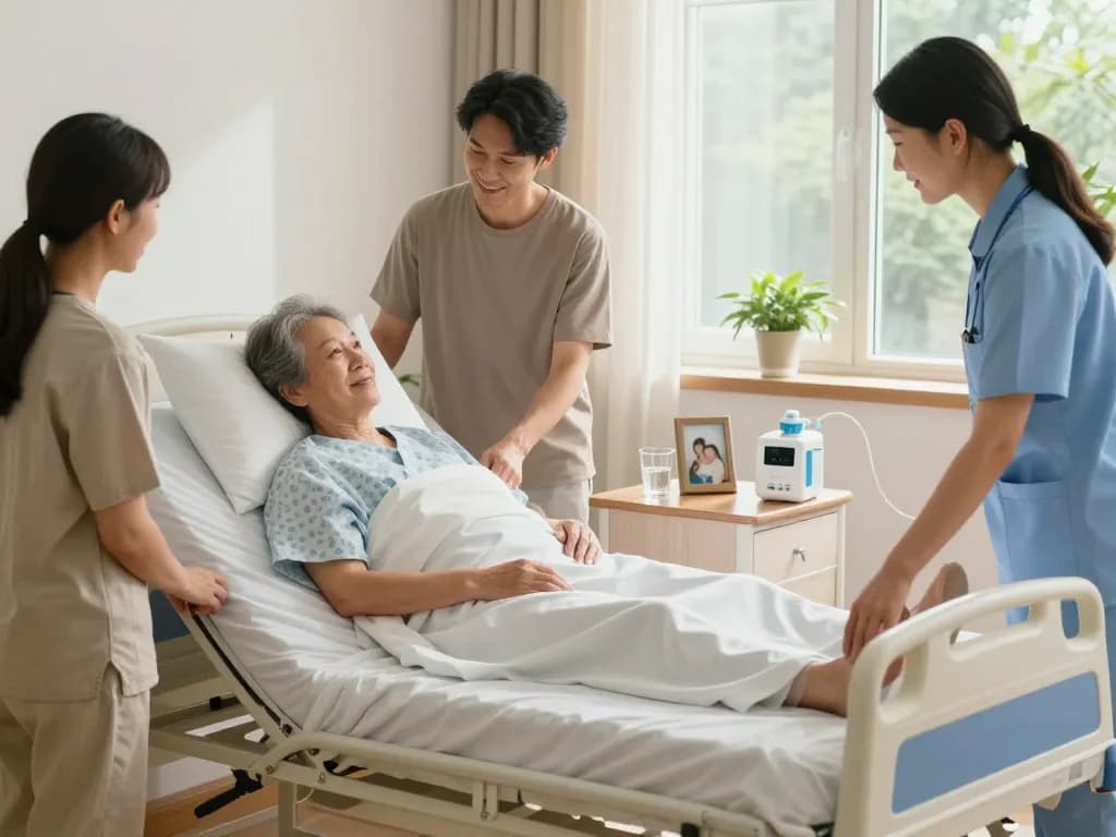 Elderly patient in a giường bệnh nhân with supportive family members, comfortable and serene healthcare environment.