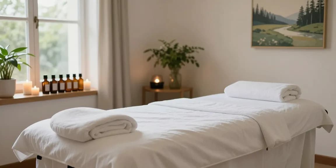 Massage therapy room with soft lighting and essential oils for a calming experience.