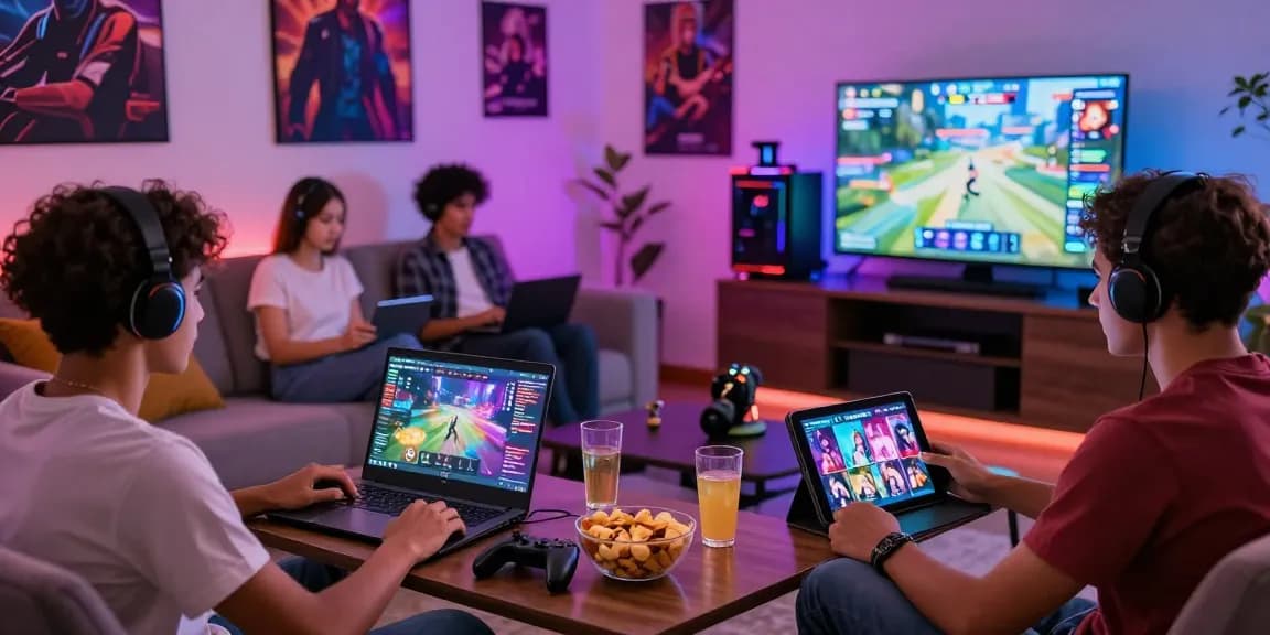 Friends engaging with xxx games in a vibrant gaming lounge, showcasing diverse devices and cozy atmosphere.