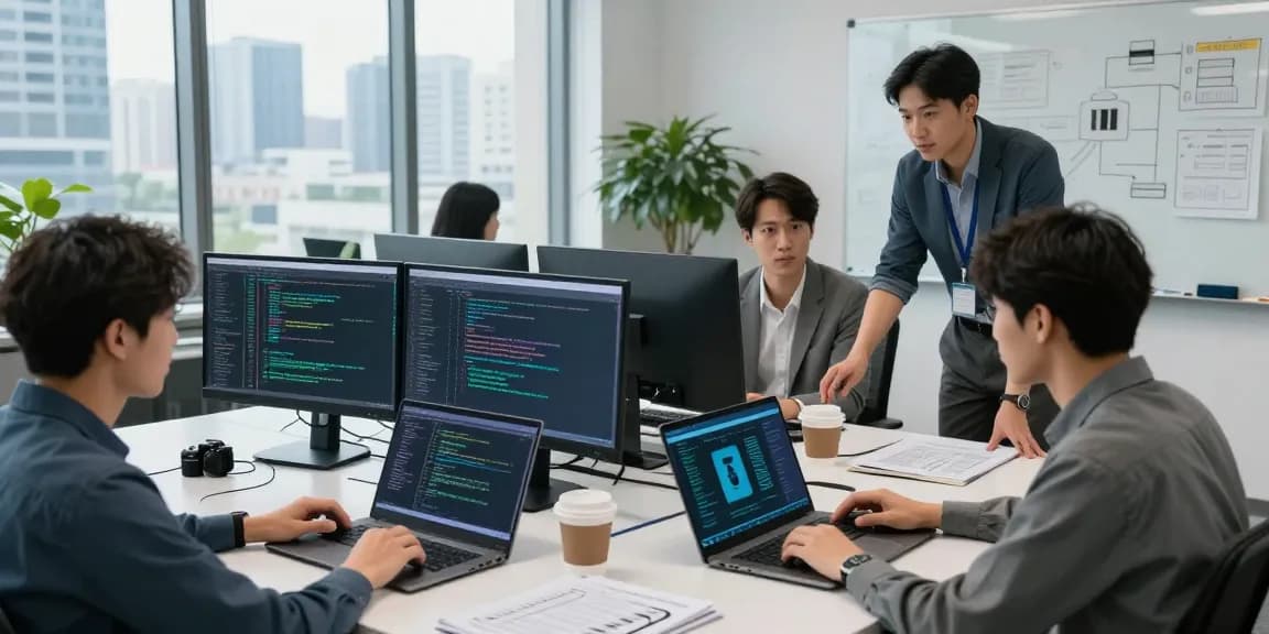 Cybersecurity team at https://shs-dome5.com/ analyzing security protocols in a modern office.