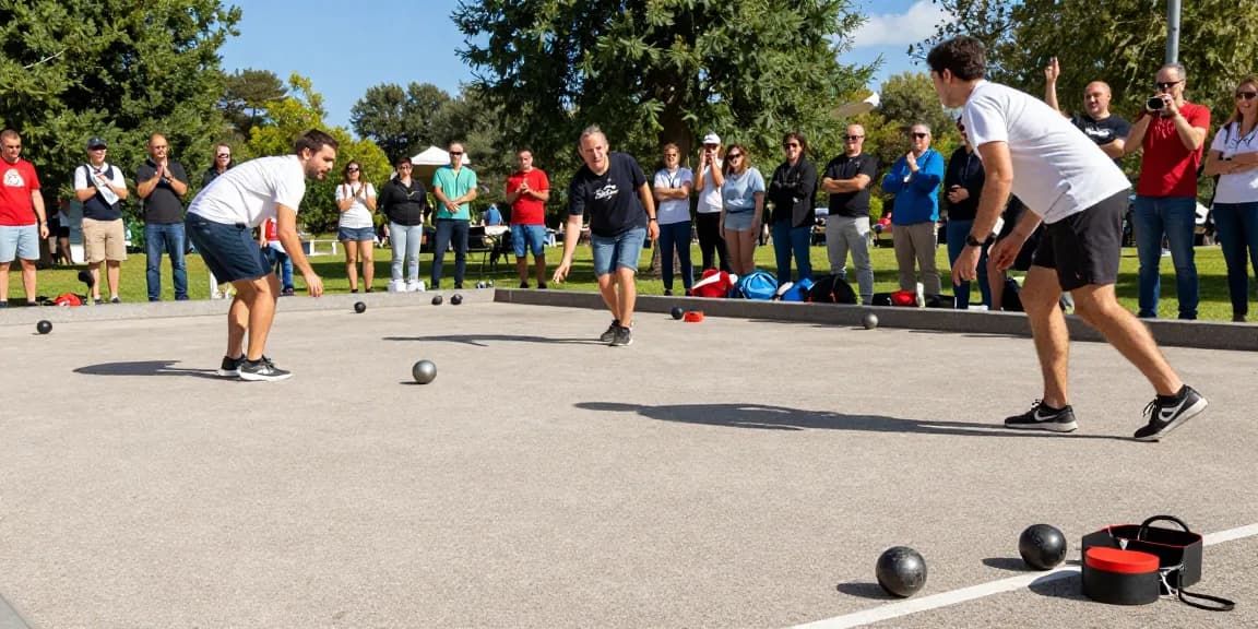 Permainan petanque oleh anggota FOPI Kota Banjarmasin di luar ruangan di bawah langit cerah, menunjukkan semangat olahraga.