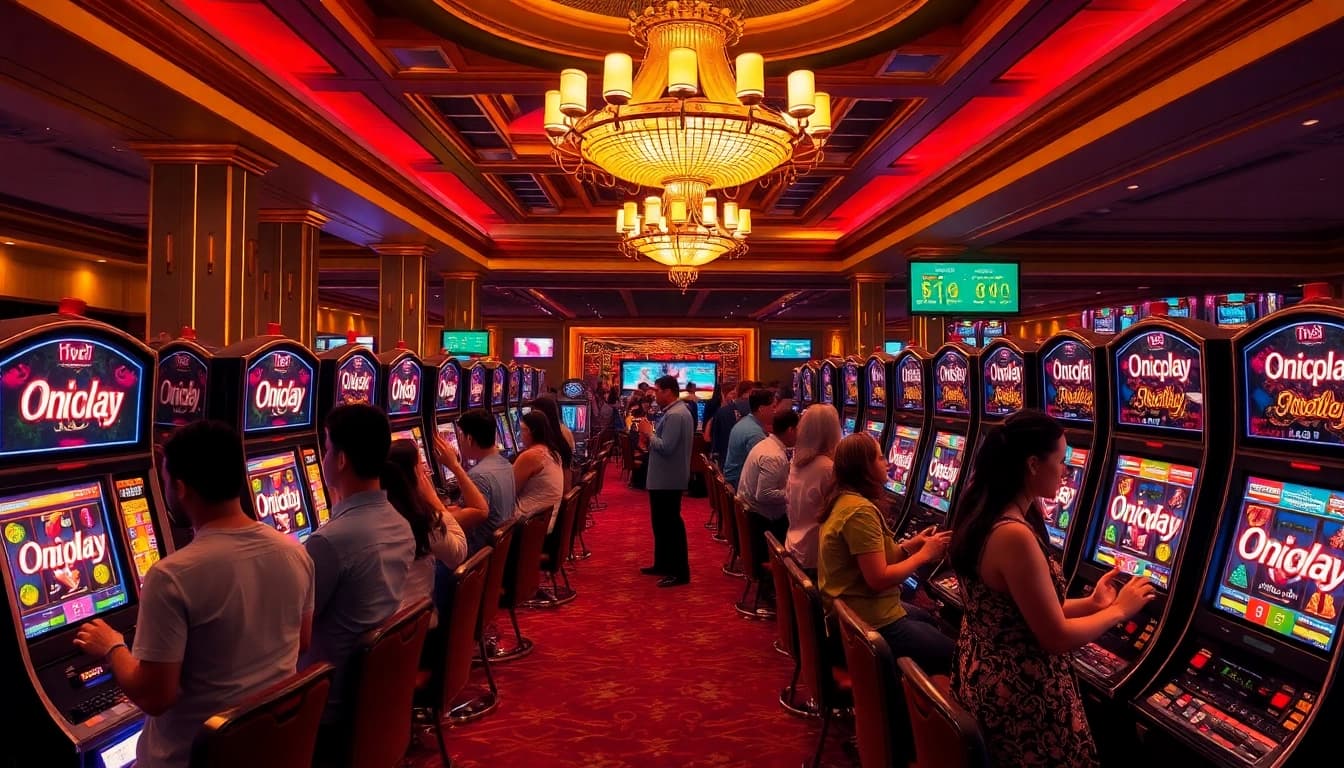 Gambling players enjoying slot machines at a casino featuring Onicplay branding.