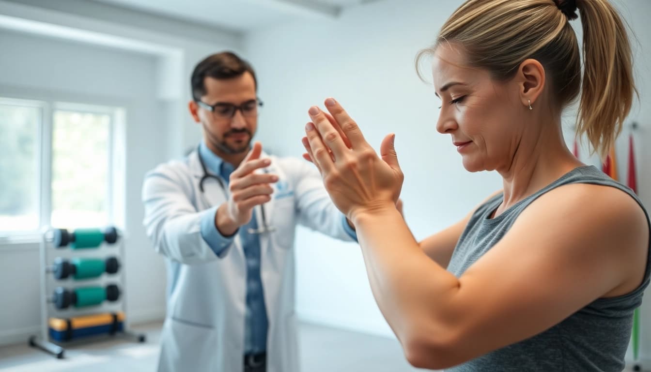 Physiotherapy near me: A therapist working with a patient on rehabilitation exercises in a bright clinic.