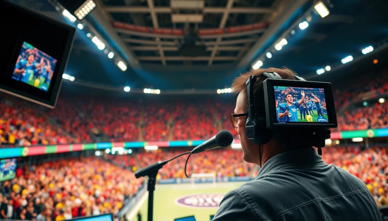 Engaging sports broadcasting scene with a commentator and vibrant stadium atmosphere.
