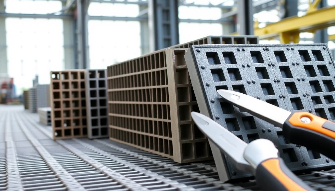 Showcasing various types of GRP Grating Supplier products in an industrial background.