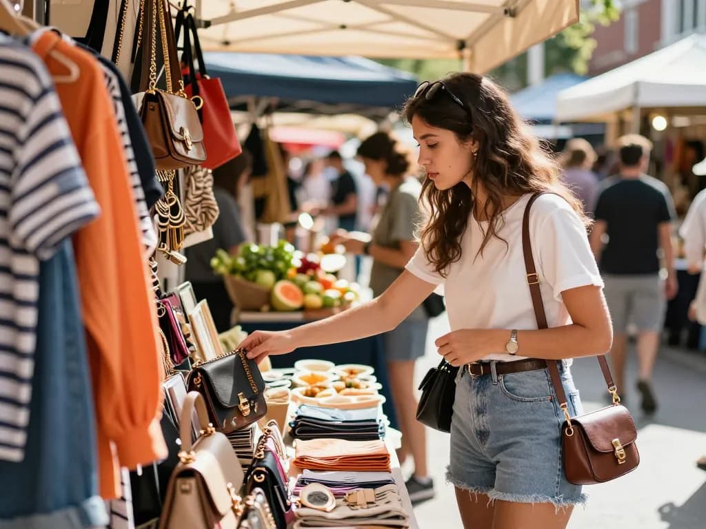 Shopping experience at https://hubet88.icu/ with a trendy woman exploring vibrant market stall filled with fashionable items.
