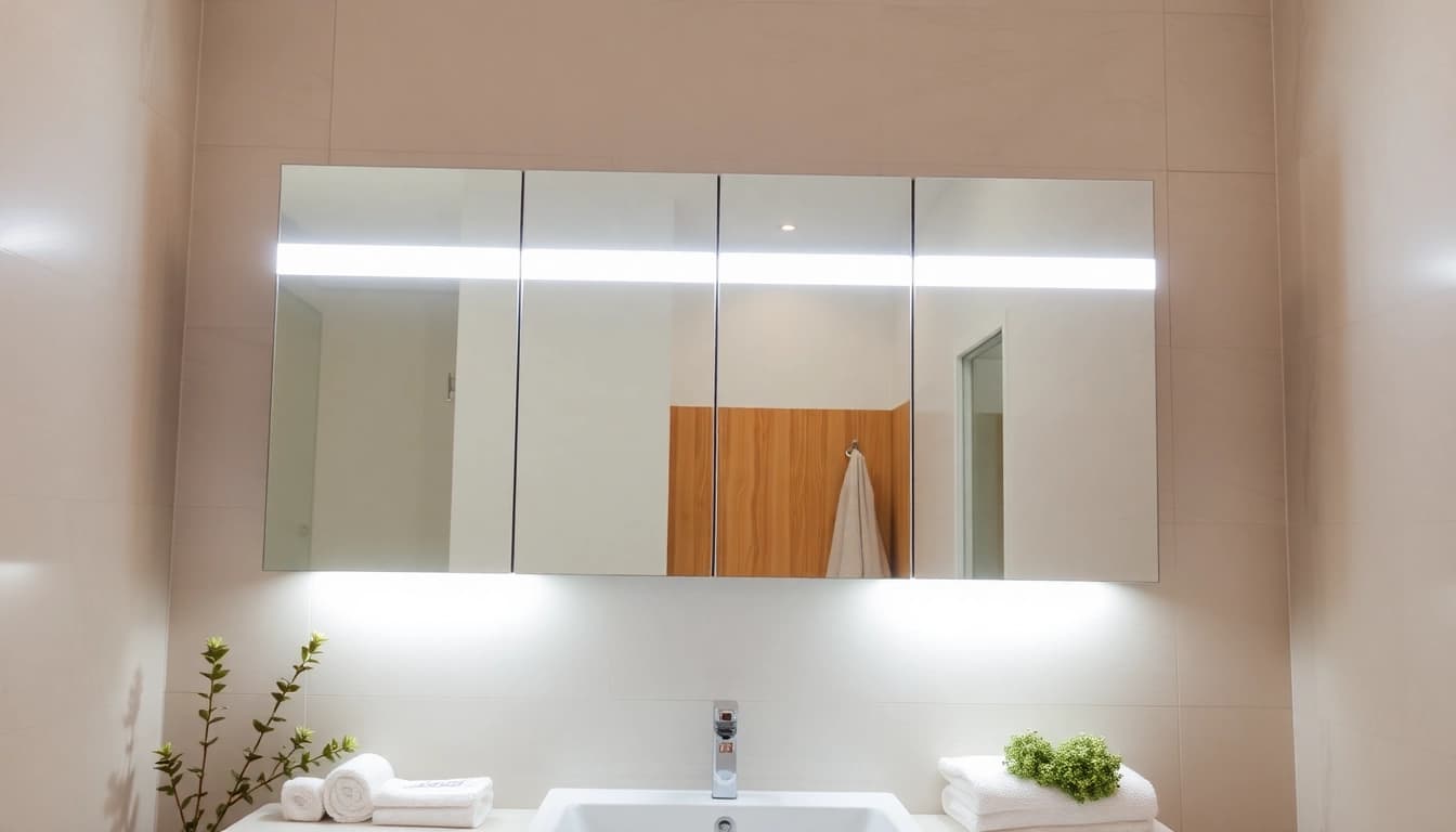 Showcase a mirrored bathroom cabinet with light, enhancing a modern bath environment.