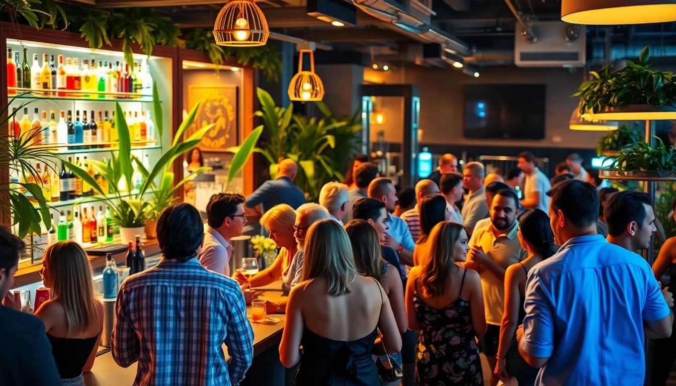 Disfruta de la animada atmósfera del Club social Lloret de Mar con clientes charlando y bebiendo.
