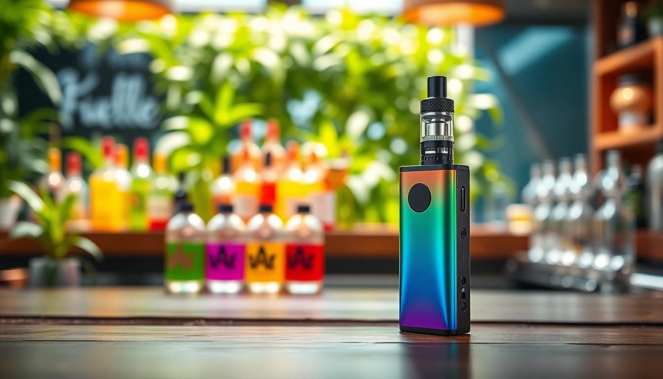 Showcasing a vibrant geek bar vape amidst colorful e-liquids in a relaxed setting.
