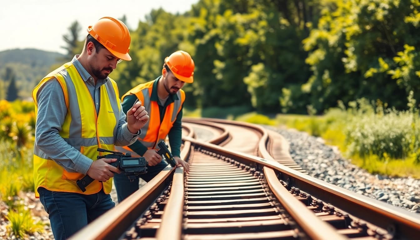 Track Inspectors Near Me performing an inspection of railroad tracks highlighting safety and precision.