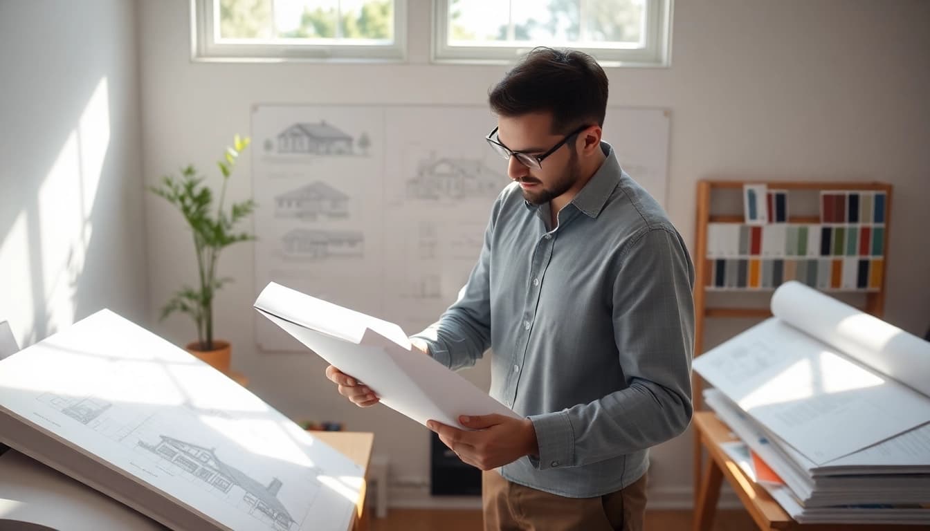 A New England residential architect designing eco-friendly homes in a sunlit studio.