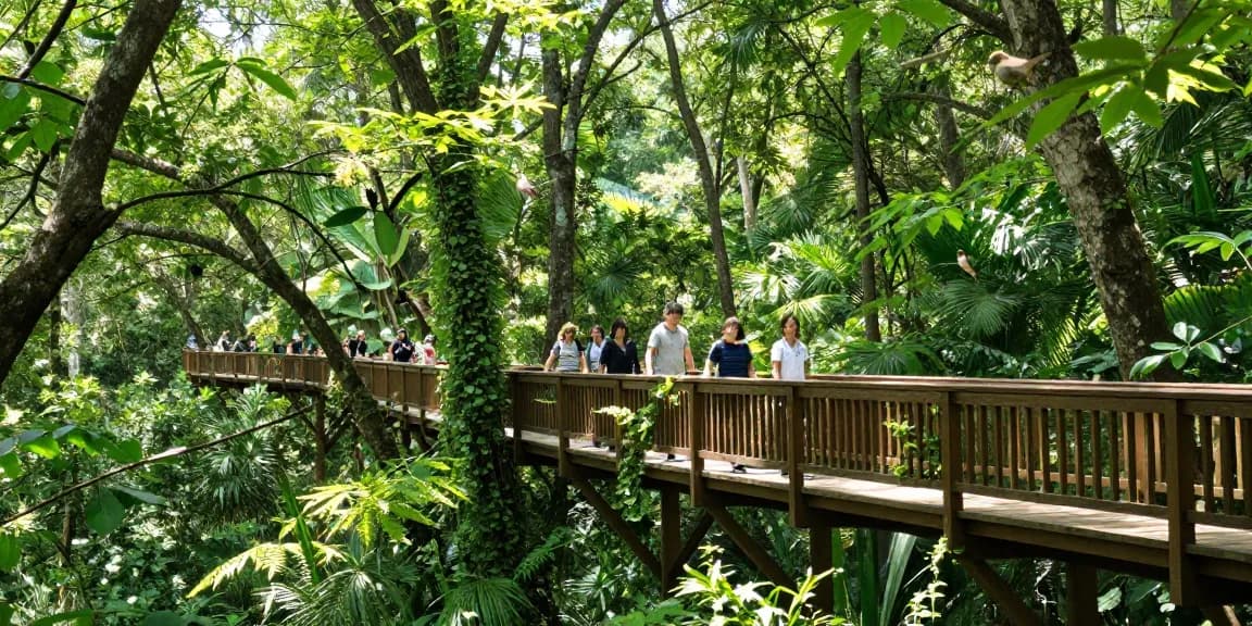 Treetop Walkway offering a serene nature experience with visitors enjoying the lush surroundings.