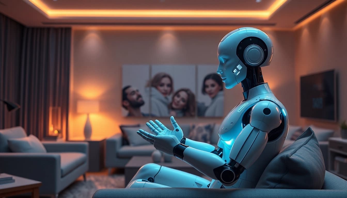 A person engaging with an AI sex bot in a modern living room, showcasing advanced technology and a warm atmosphere.