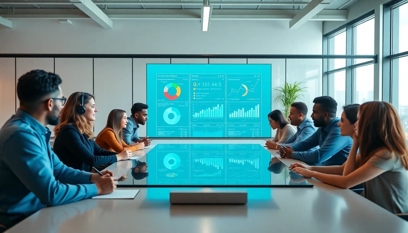 Team collaborating with an enterprise ai assistant in a modern office setting showcasing data.