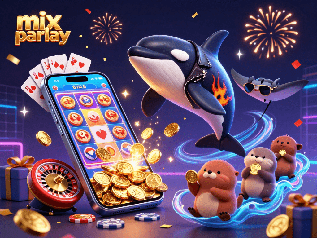 Experience the excitement with mix parlay in this vibrant casino-themed 3D illustration featuring dynamic characters and vivid gambling elements.