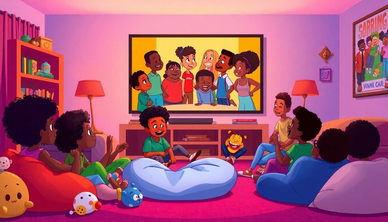 A scene depicting children enjoying African American cartoons, fostering joy and representation.