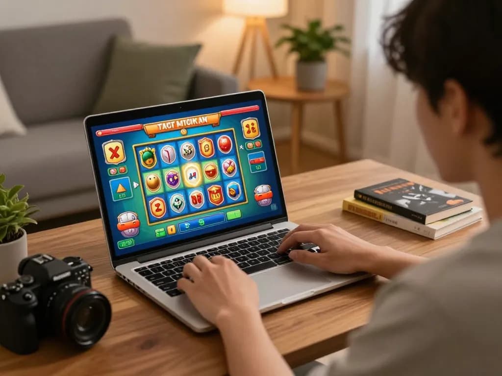Engaged player enjoying slot mahjong on a laptop, showcasing vibrant game graphics and home environment.