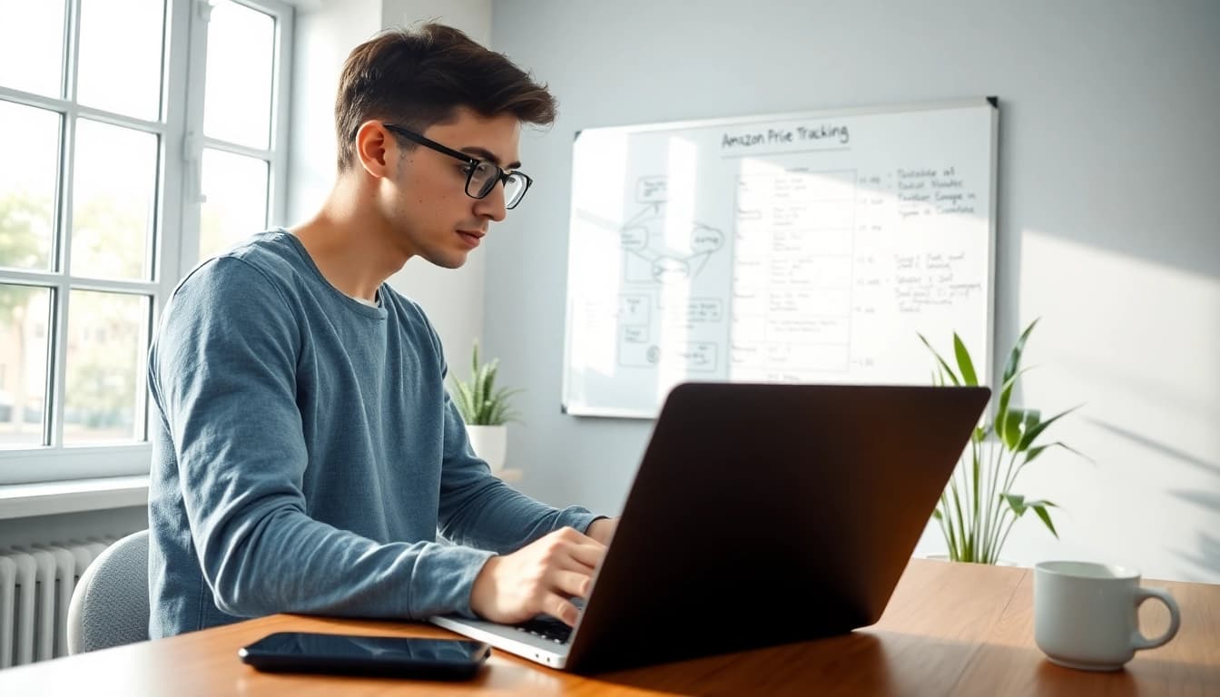 Software engineering workspace showcasing an engineer developing an Amazon price tracking application.