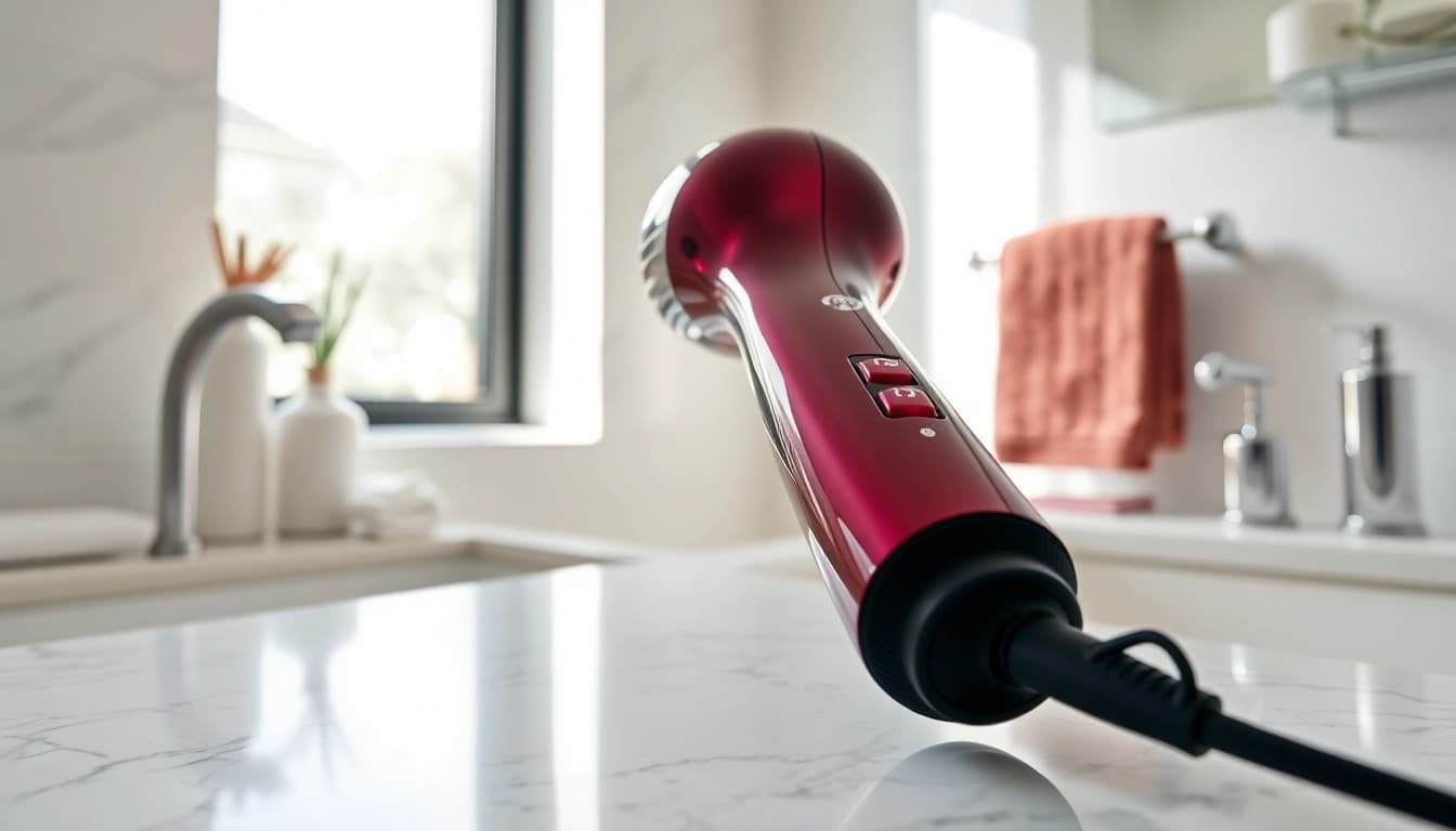 Showcase of an ionic hair dryer on a marble countertop, accentuating its sleek design and elegance.