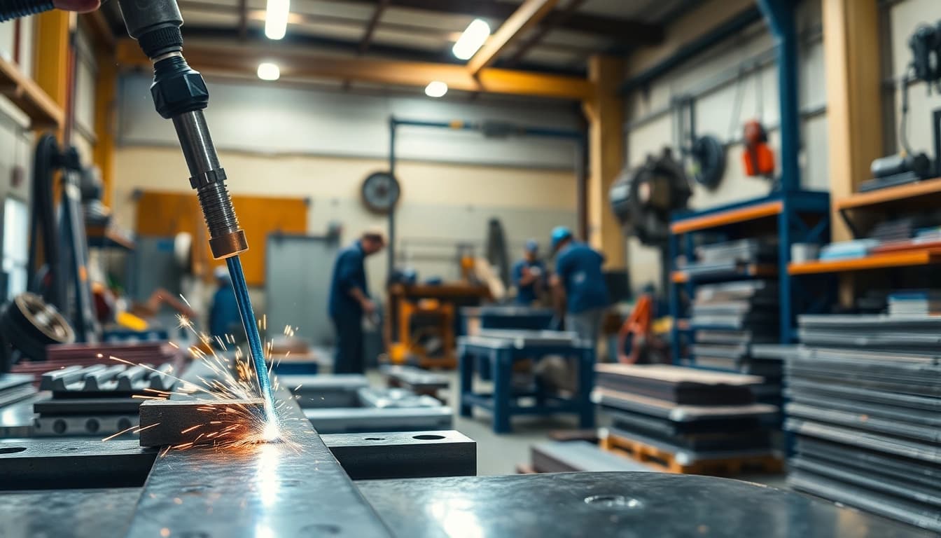 Showcasing custom metal fabrication with skilled workers welding and crafting metal components.