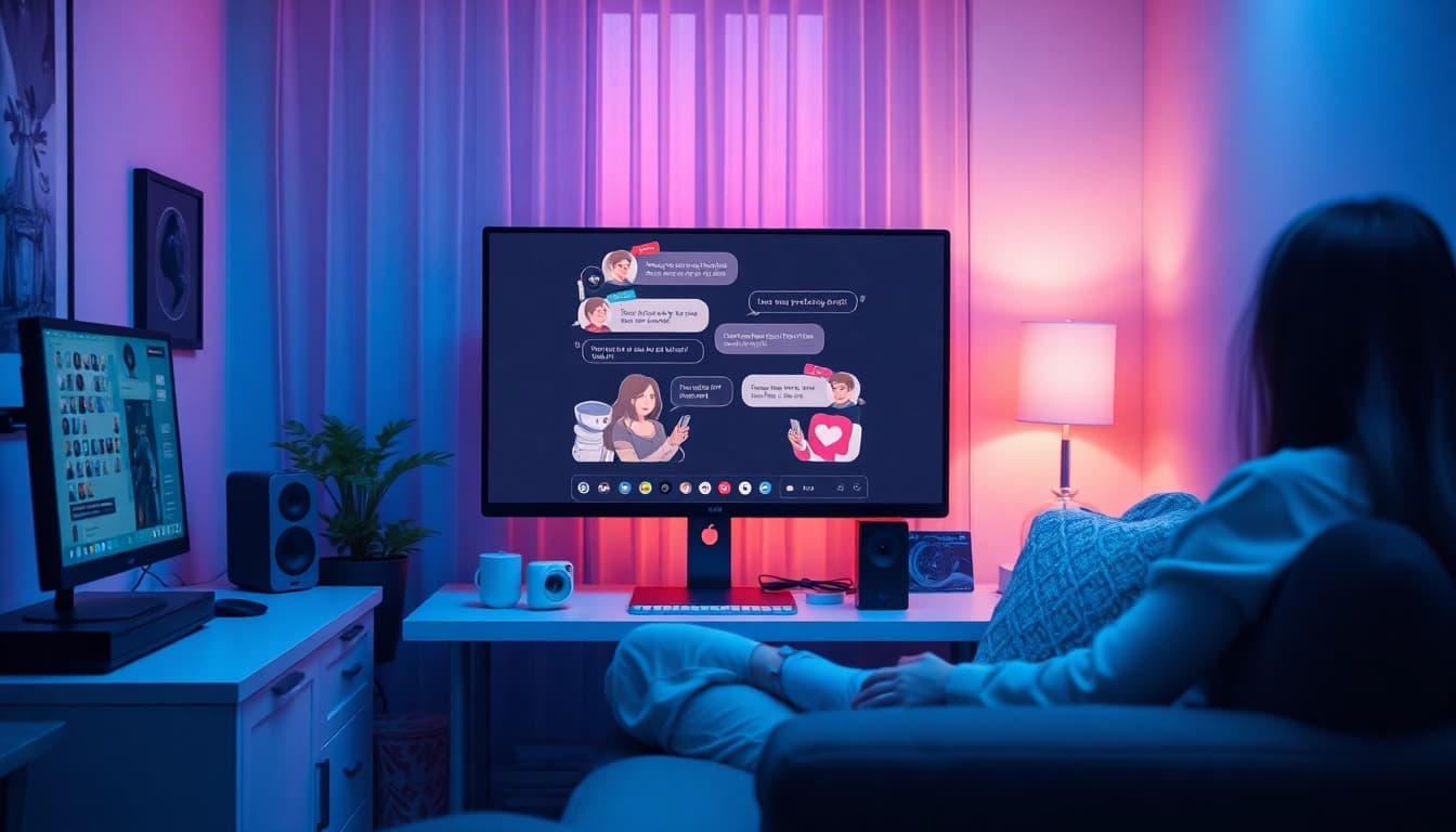 Engaging AI chat sex with a modern chatbot in a cozy setting.