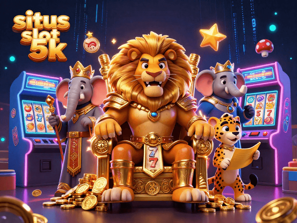 Experience the thrill of situs slot 5k with a royal lion king and vibrant game elements.