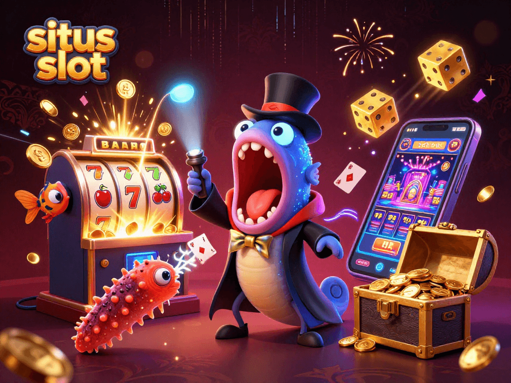 Situs slot menampilkan ikan gulper, ikan pemancing, dan mentimun laut bersama mesin slot yang meledak dengan koin emas.