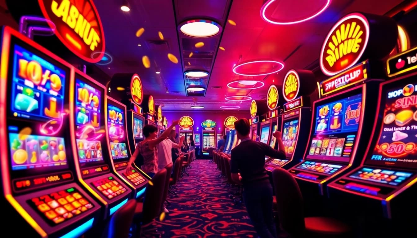 Exciting scene of digital slot gaming featuring hoki138 pro with vibrant slot machines and celebrations.