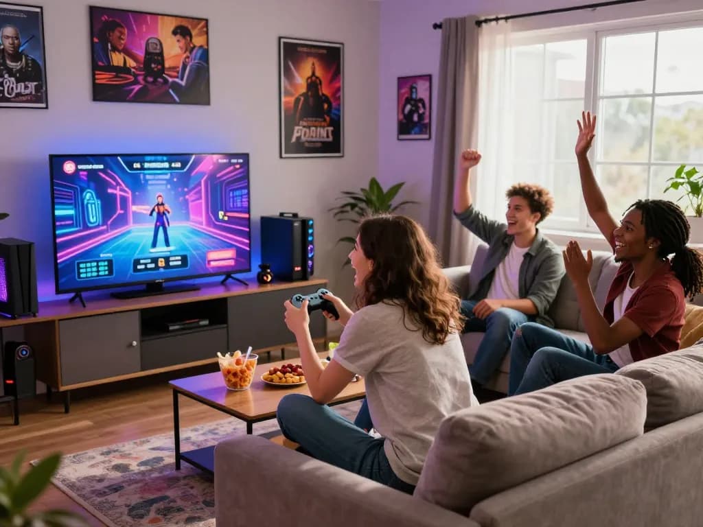 Group of friends enjoying online porn games in a lively living room with snacks and vibrant game graphics.