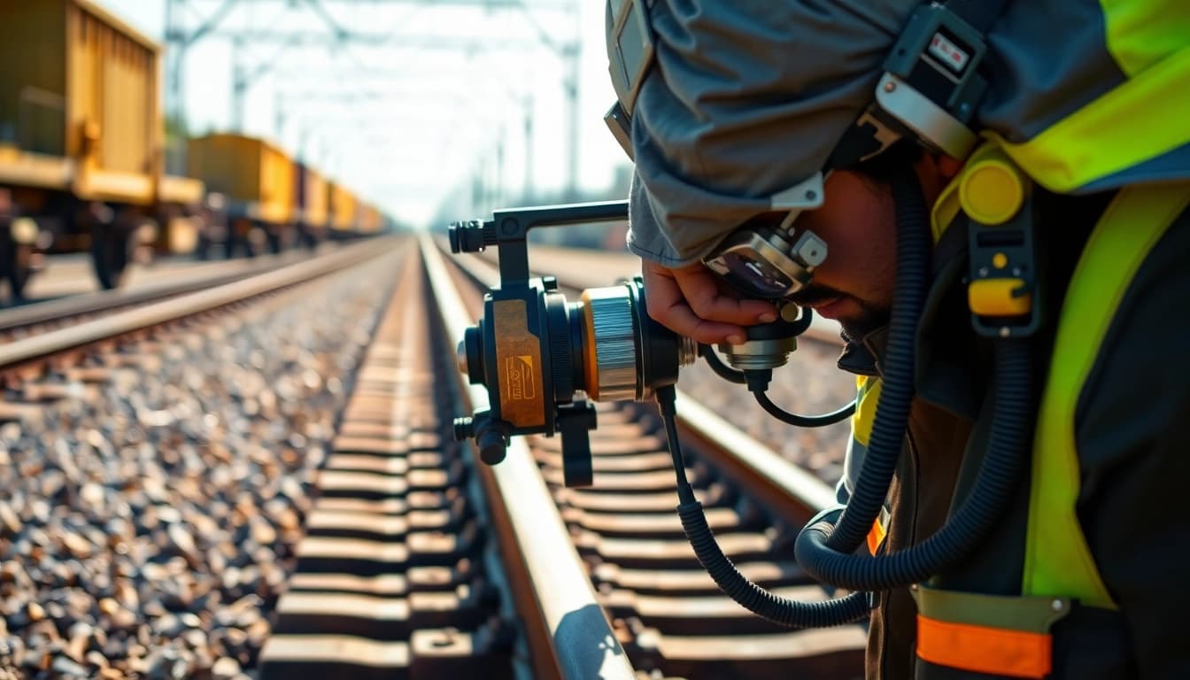 Track Inspectors Near Me assessing railway tracks with specialized equipment in a professional environment.