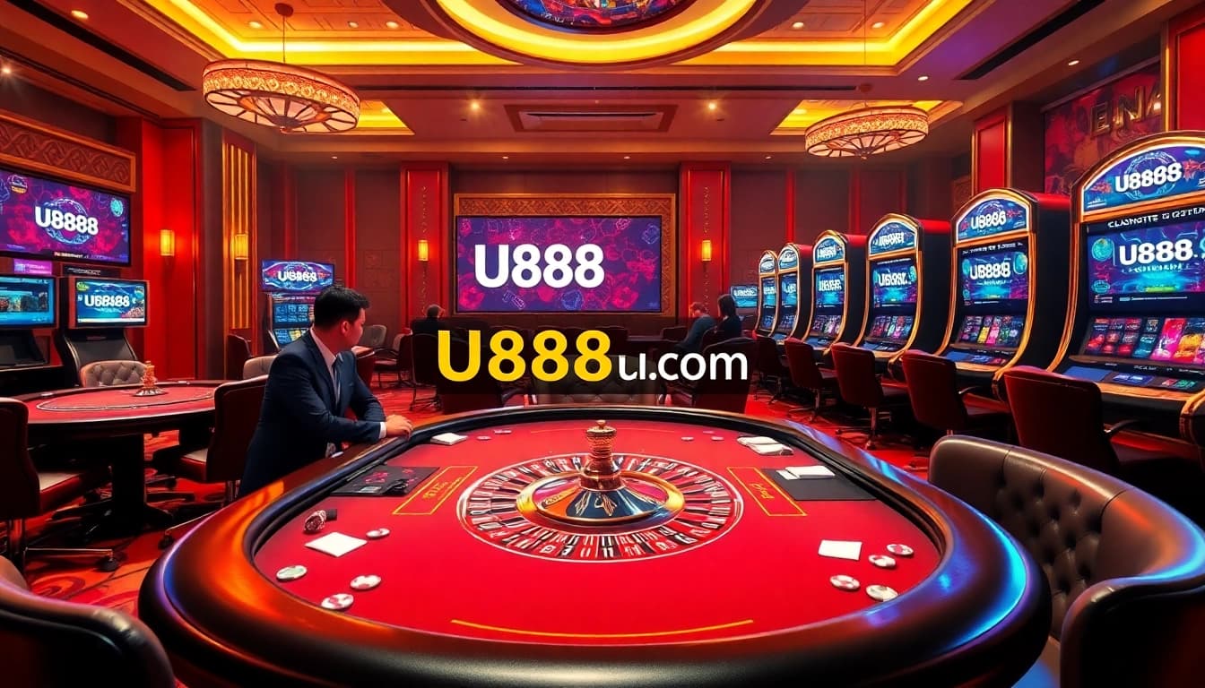 Experience gaming excitement at U888u88.com with a luxurious casino scene featuring poker, roulette, and slot machines.
