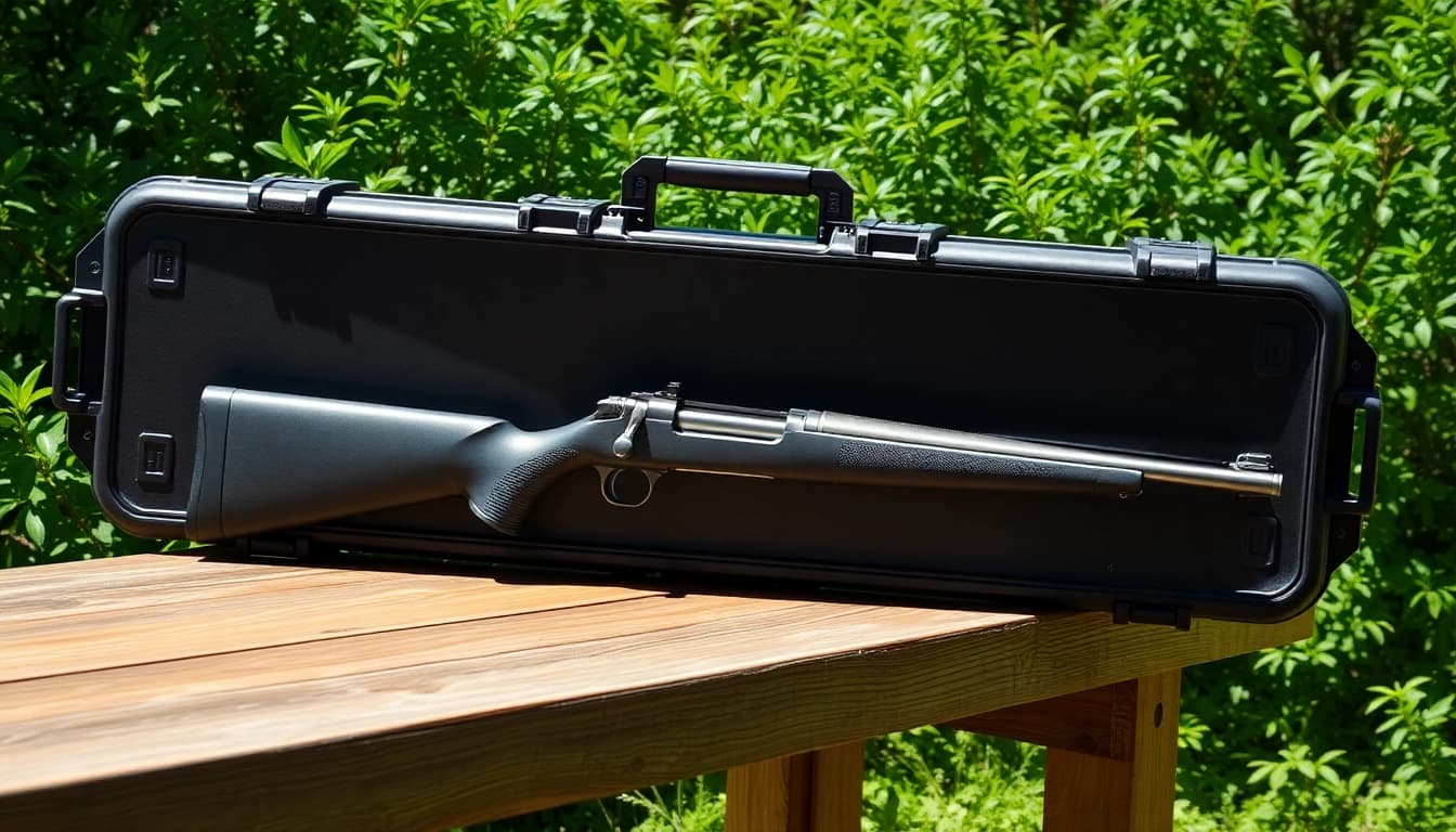 Showcasing a pelican rifle case in an outdoor setting, emphasizing its rugged design and practical use.