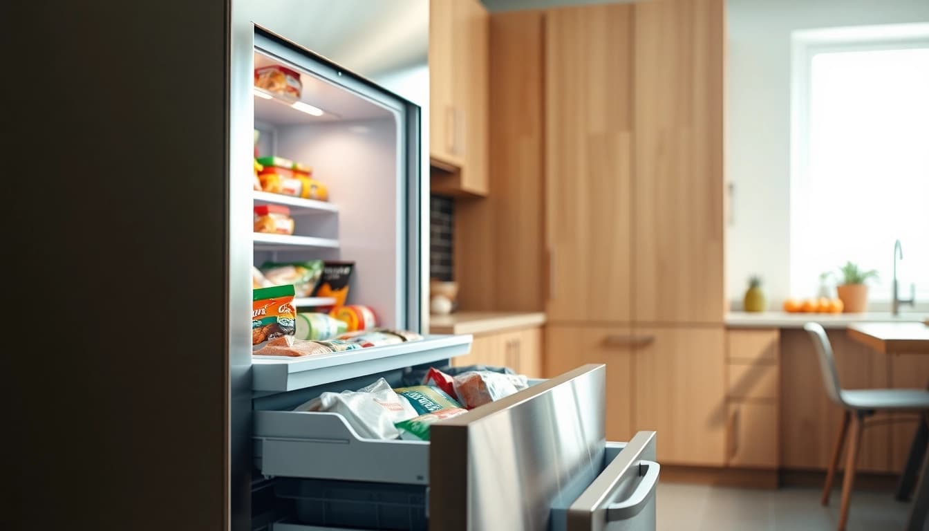 Optimized Freezer showcasing organized frozen foods in a modern kitchen.