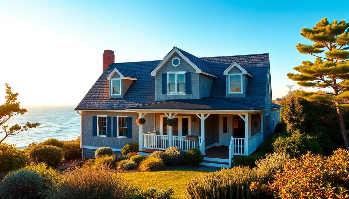 Cape cod home showcasing charming coastal architecture and beautiful landscaping.