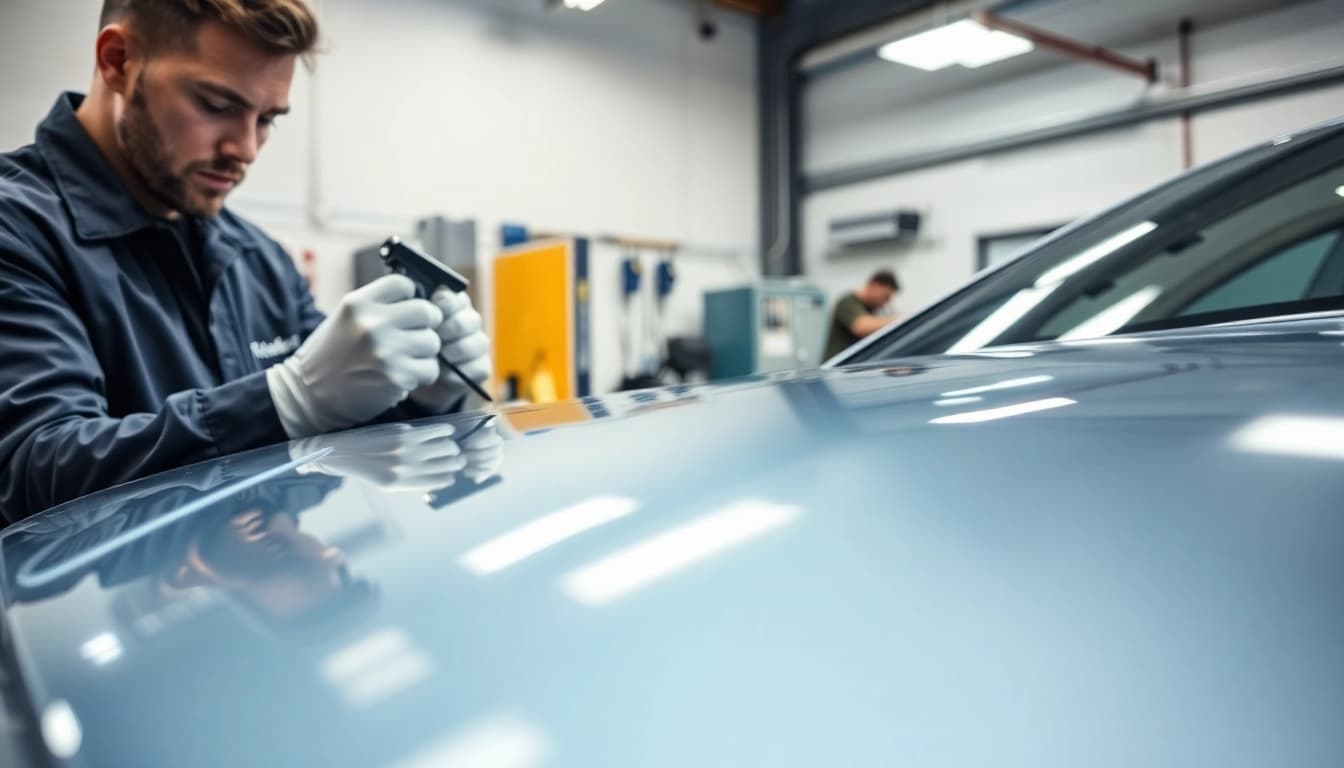 Applying salt protection ceramic coating to a shiny vehicle for enhanced durability.
