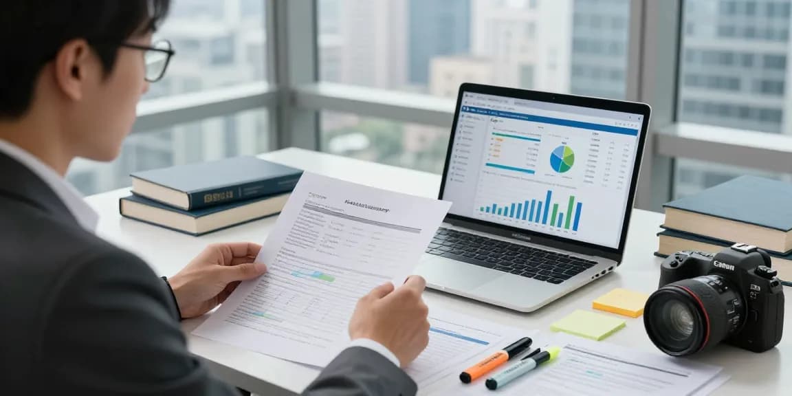 Analisis dokumen keuangan oleh auditor forensik di aafikotabogor.org dengan pencahayaan alami yang memfokuskan pada profesionalisme.