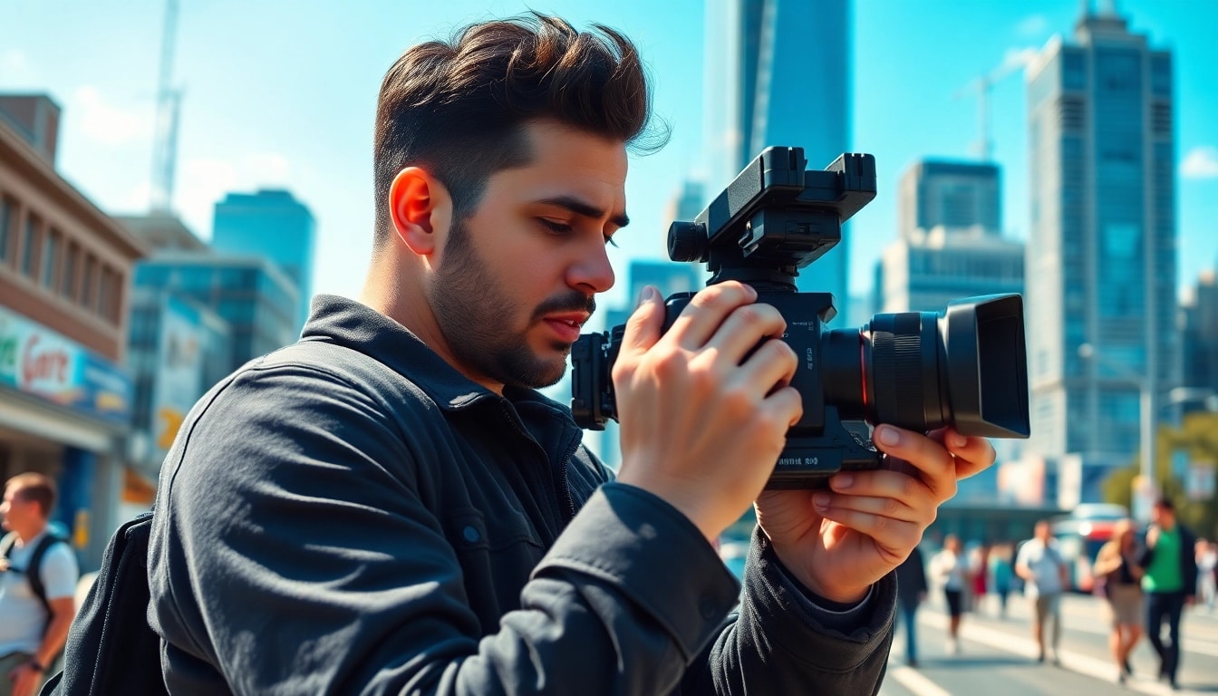 Film Maker adjusting camera settings in a vibrant urban environment showcasing creativity.