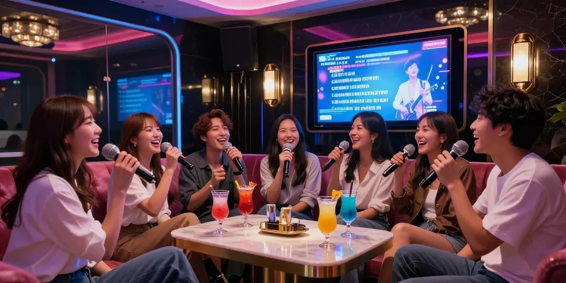 Experience vibrant fun at 강남 가라오케 with friends in a luxurious private room with neon lights and premium drinks.
