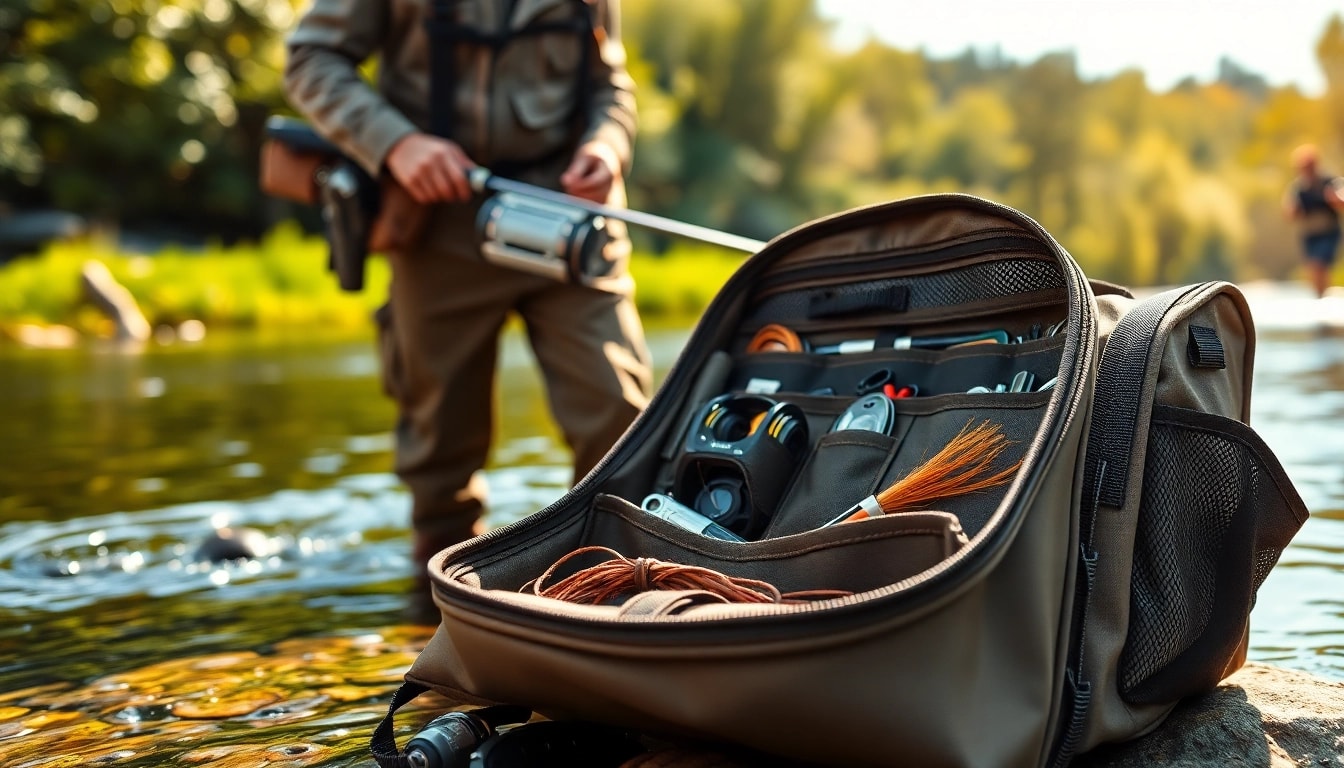 Showcase a Fly fishing bag with organized gear in a riverside environment.