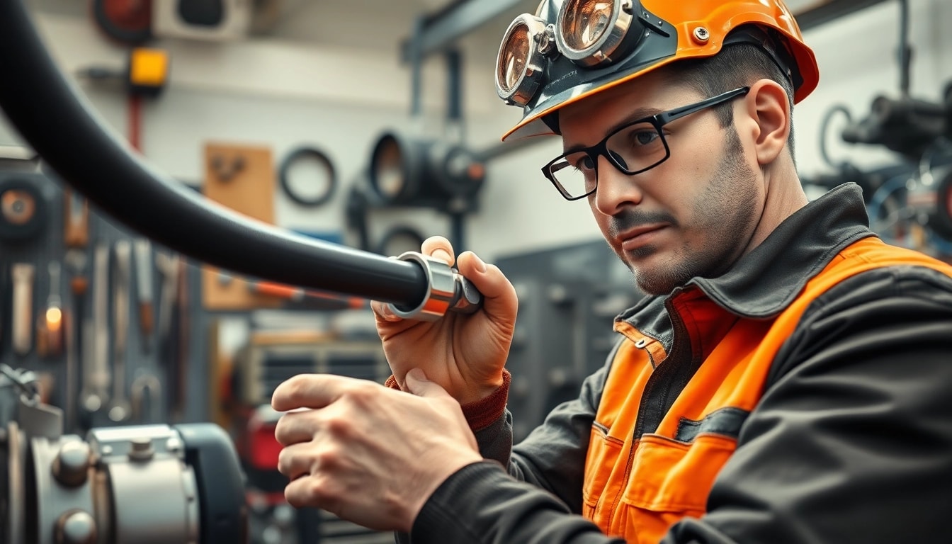 Mechanic performing hydraulic hose repair in a well-lit workshop with detailed tools.