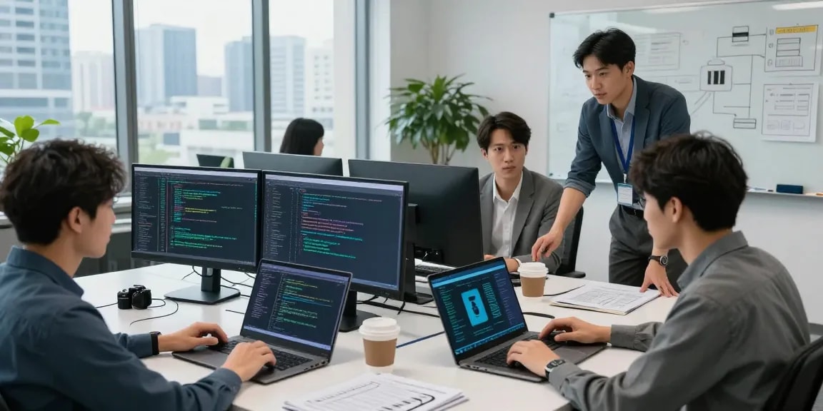Cybersecurity team at https://shs-dome5.com/ analyzing security protocols in a modern office.