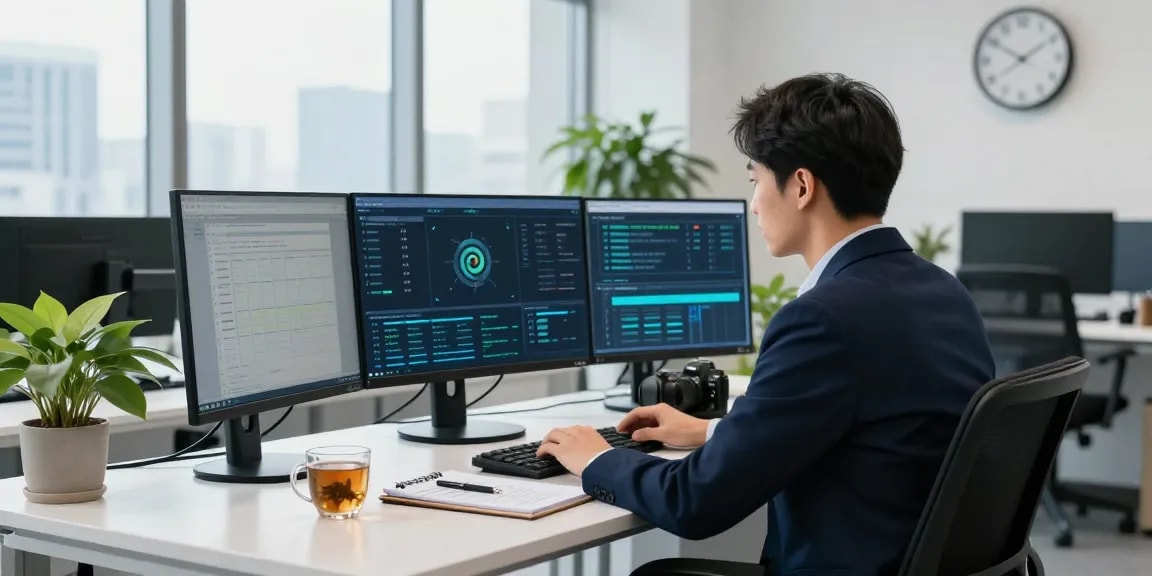 Analyzing security protocols at https://shs-dome5.com/ in a modern office setting with monitors displaying cybersecurity data.